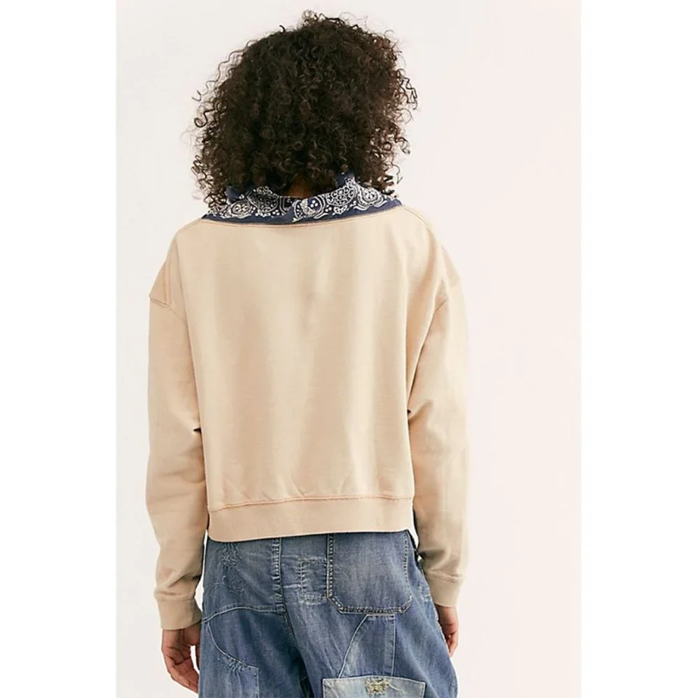 NWT Free People James Bandana Print Pullover Sweatshirt Ecru Ivory Navy Medium - Picture 4 of 11